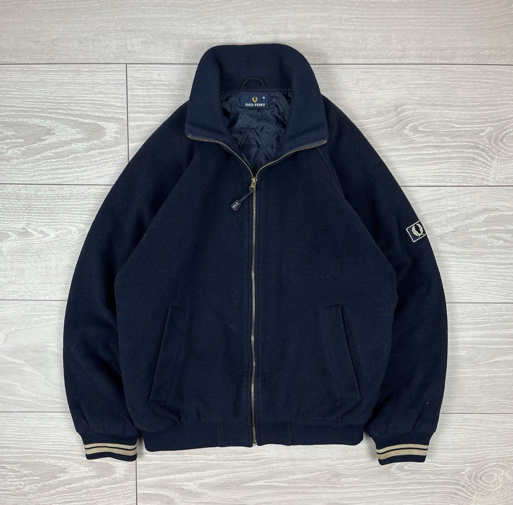 Fred Perry 90s England Vintage Old School Navy Wool Bomber Jacket Mens Size M