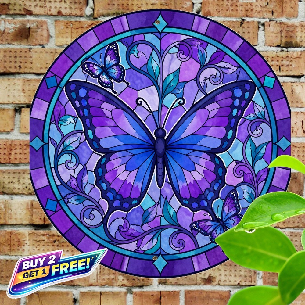 Purple Butterfly Vibrant Round Tin Sign 8x8 Nature Garden Wall Art
