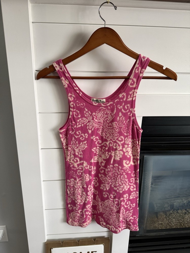 Vintage Women’s Lucky Brand Y2K 90’s Made In USA Pink & Cream Tank Top Size L