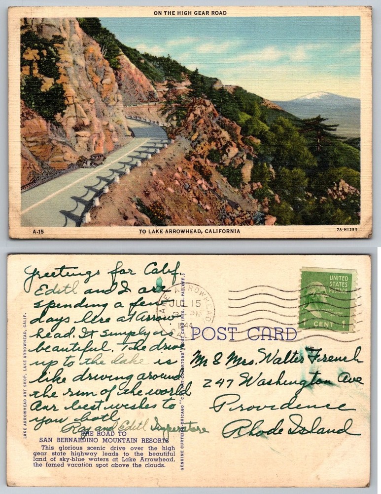 Vintage Lake Arrowhead CA High Gear Road Curteich Postcard 1944 Posted