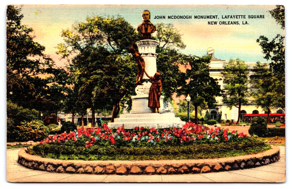 New Orleans Louisiana John McDonough Monument Statue Flowers Vintage Postcard