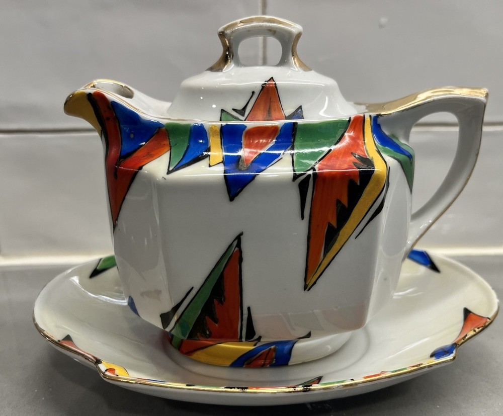 Art Nouveau Hand Painted Abstract Teapot with Gold Trim Elegant Floral Design  -image