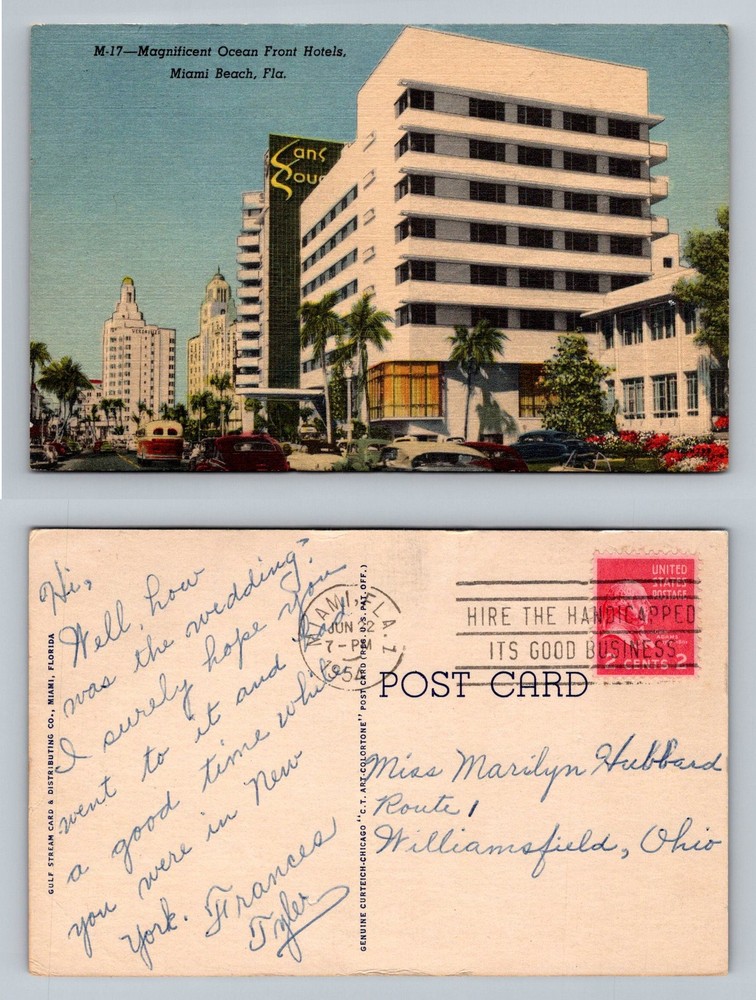 Miami Beach, FL-Florida, Ocean Front Hotels Street Scene Vintage c1954 Postcard