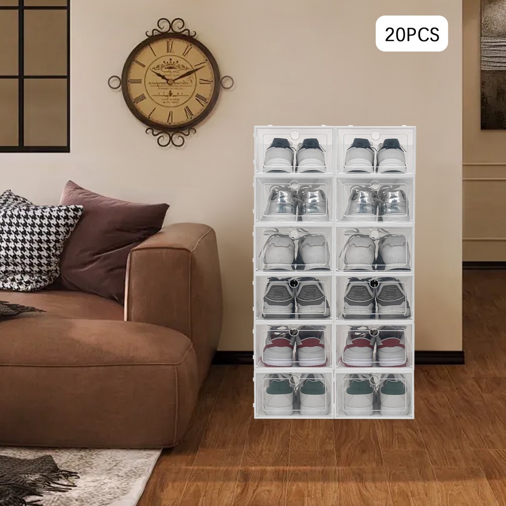 Clear Drop-Front Stackable Shoe Box Organizer – 20-Pack