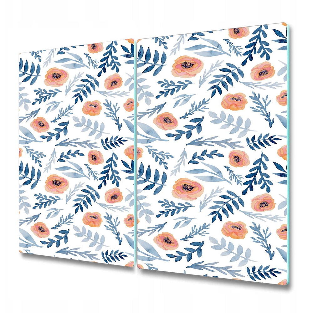 Glass Worktop Saver Blue Red Flowers hand painted Watercolour black and white