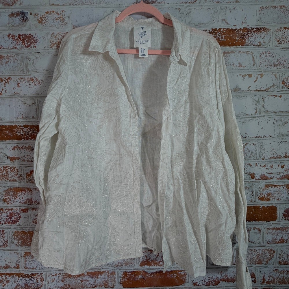 Calypso St Barth Linen Button Down Women XL White Metallic Palm Leaf Shirt