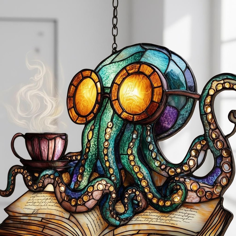 Reading Octopus Acrylic Suncatcher-Window Hanging Decoration Home (2D Flat)
