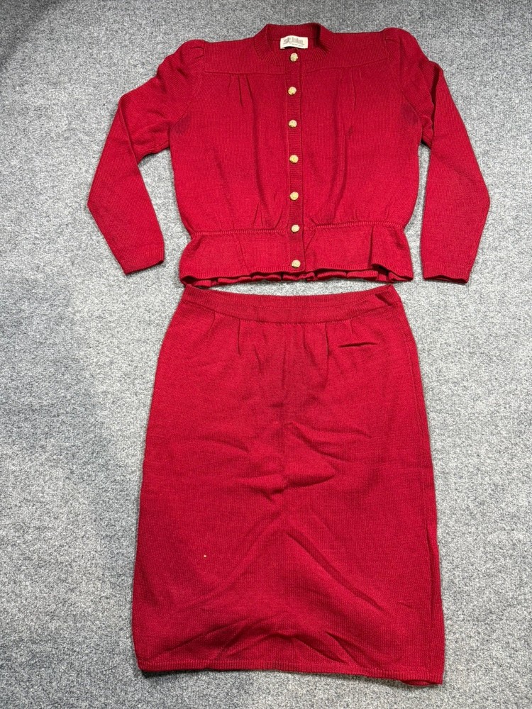 VTG 90s St John Women’s Red Knit Two Piece Long Sleeve Button Up & Skirt Size 4