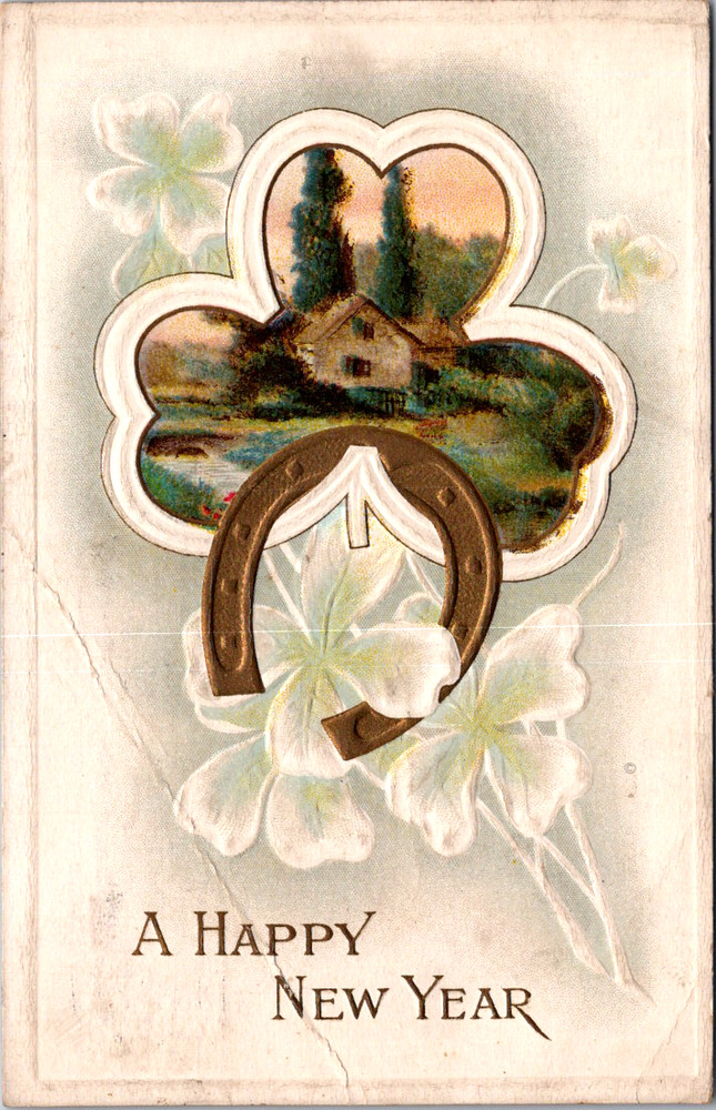 Vintage Postcard Horseshoe Embossed Flowers Cottage New Year