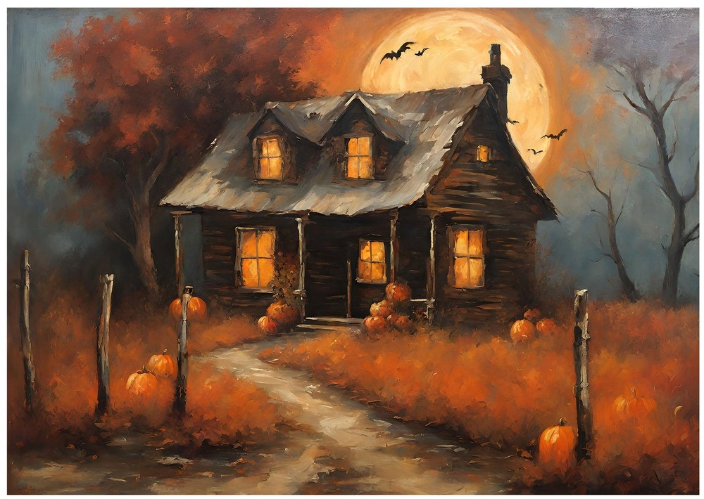 Haunted Autumn House Poster Wall Art � Spooky Seasonal Decor