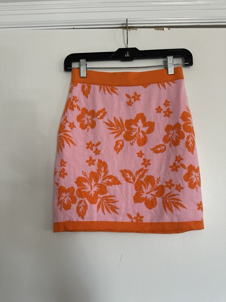 EUC Wild Fable Sz:XS Orange & Pink Sweater Bodycon Mini Skirt Tropical Floral
