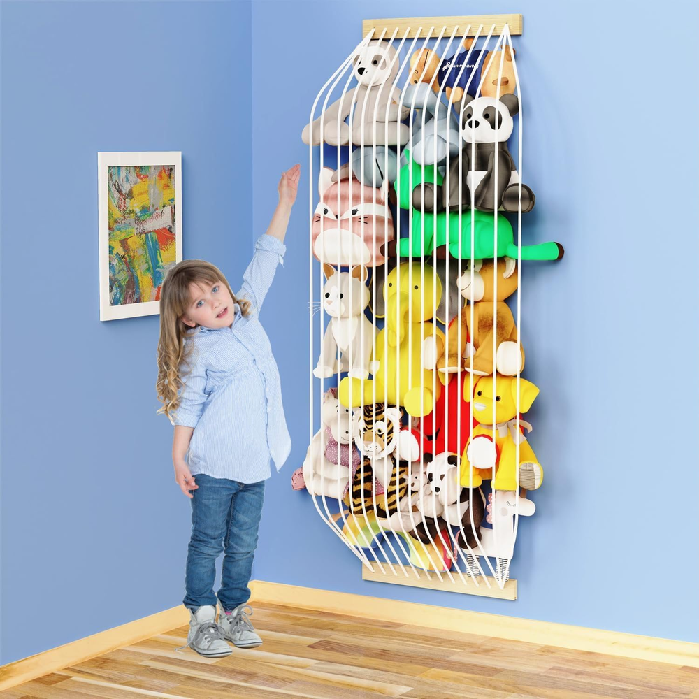 Wooden Plush Toy Organizer Hammock for Kids Room Storage and Décor