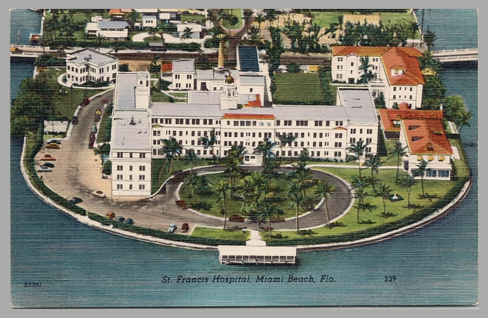 St. Francis Hospital Miami Beach Florida FL Aerial View Linen c1940 UNP Postcard
