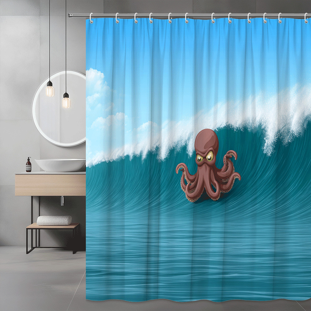 Octopus Wave Shower Curtain Ocean Cartoon Print