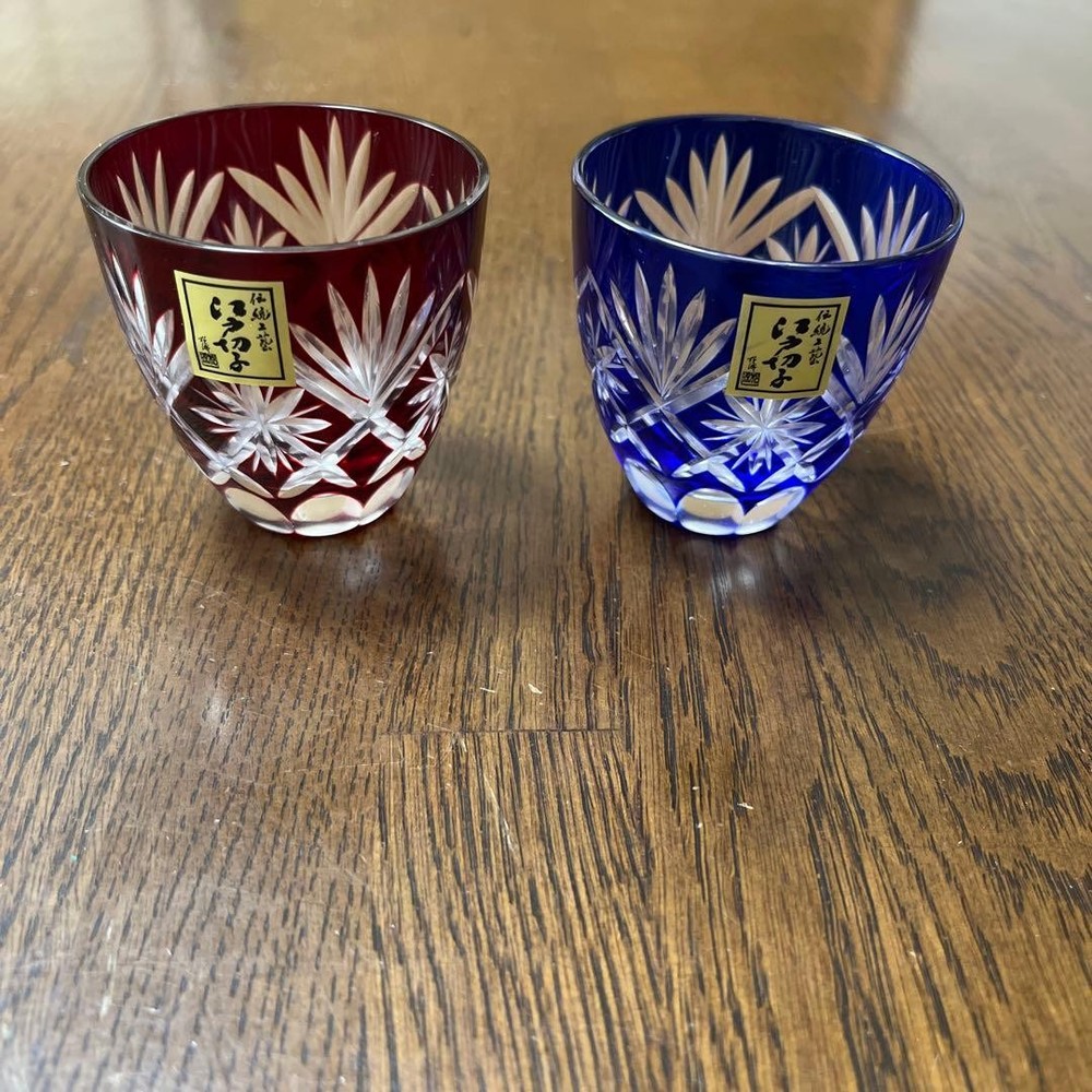 Sake Cup Edo Kiriko glass pair with wooden bo