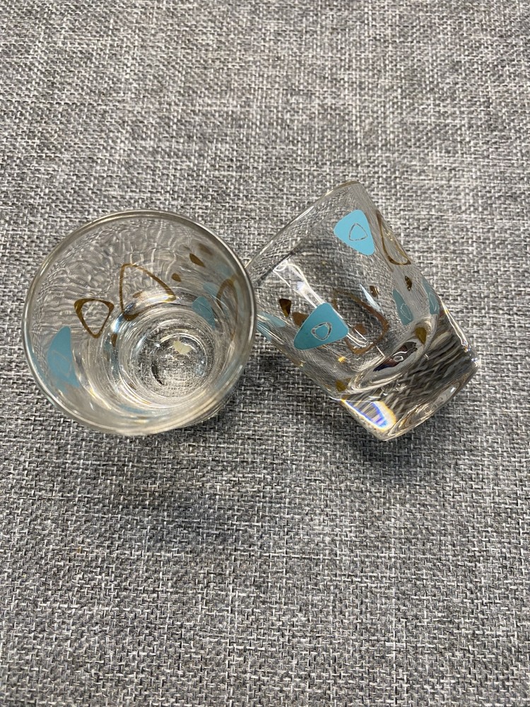 Vintage MCM Atomic Rocks Glasses Pair Turquoise Gold Lowball Barware Mid Century