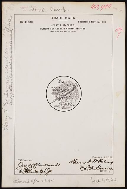 Henry F. McClung Willow Bark Cure brand Remedy Certain Named Diseases