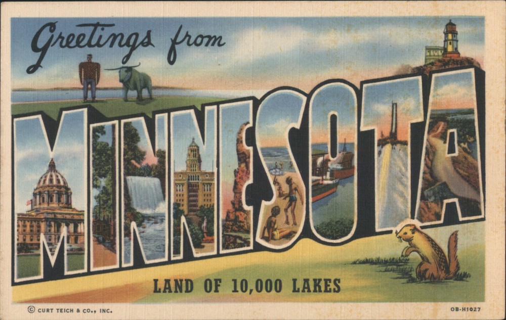Greetings from Minnesota, Land of 10, 000 Lakes, MN Teich Vintage Postcard