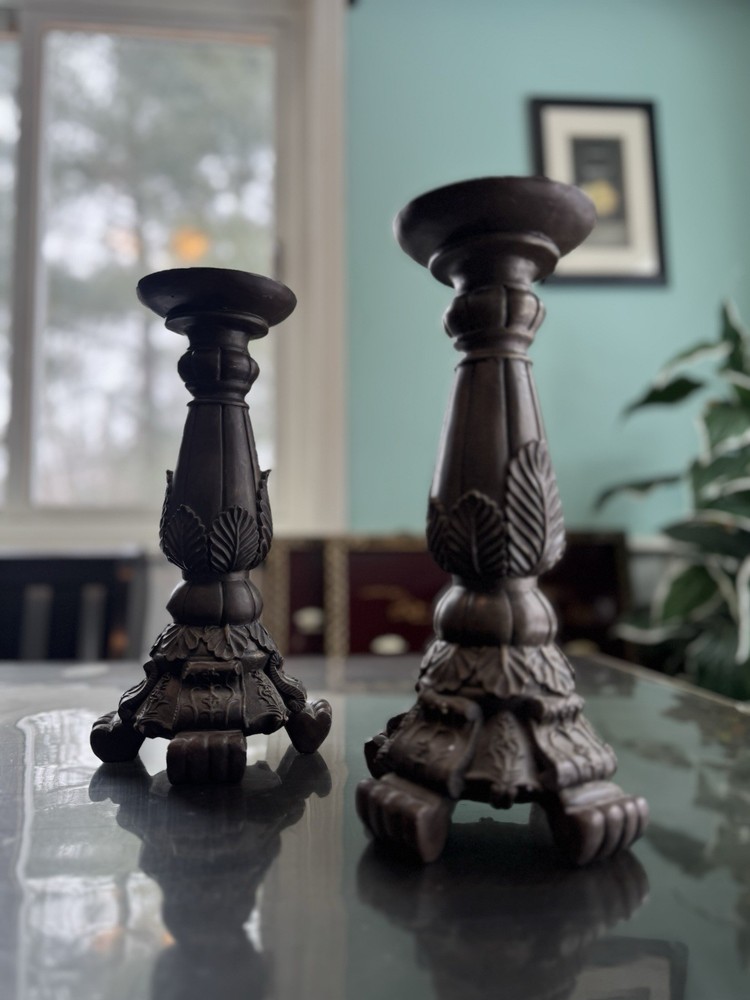 vintage hand-carved wood candlesticks 10.5 inches