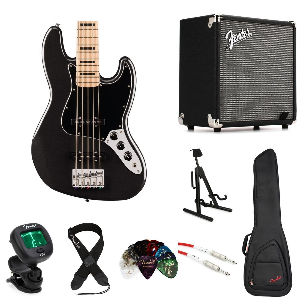 Squier Affinity Series Active Jazz Bass V Amp Essentials Bundle - Black