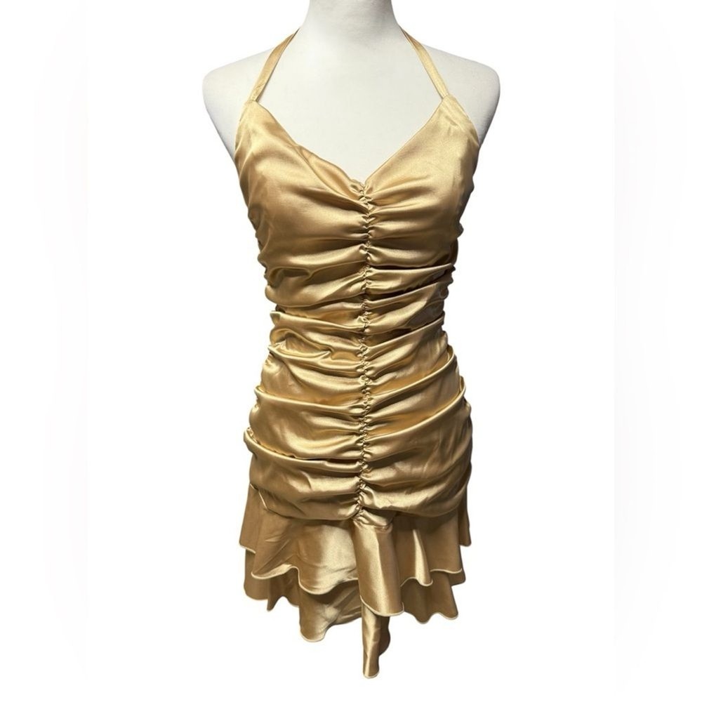 Vintage Y2K Jessica McClintock Gold Satin Ruched and Ruffled Halter Dress Size 8