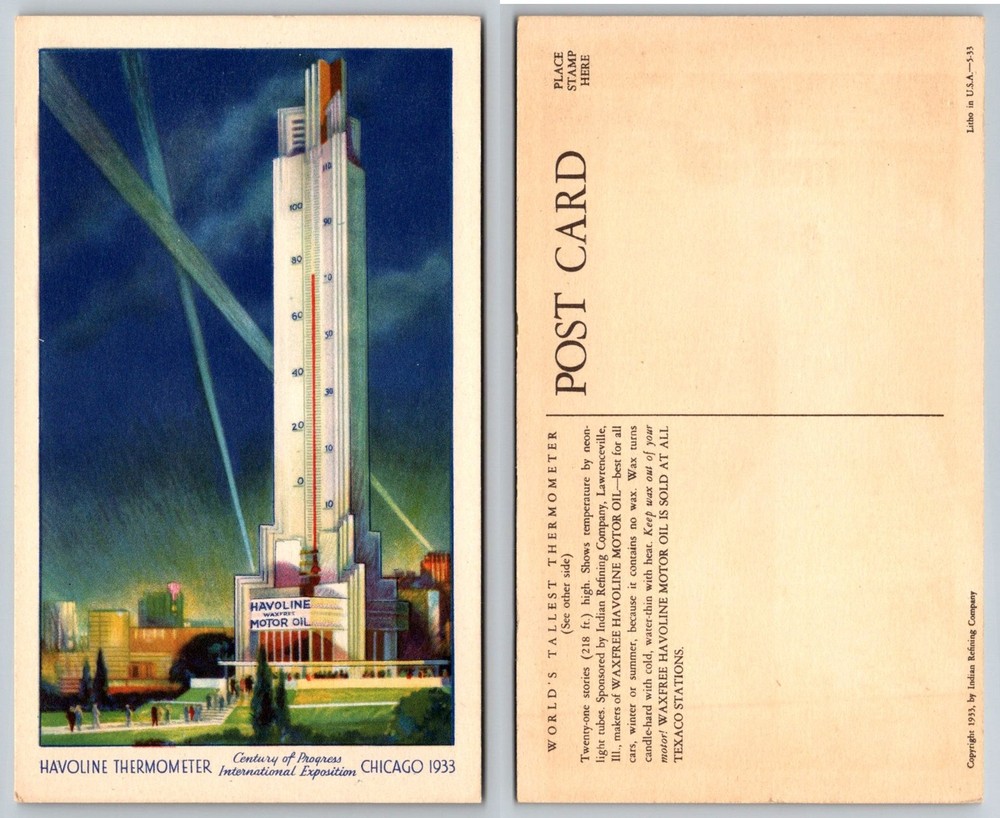 1933 Chicago World's Fair Havoline Thermometer Art Deco Postcard