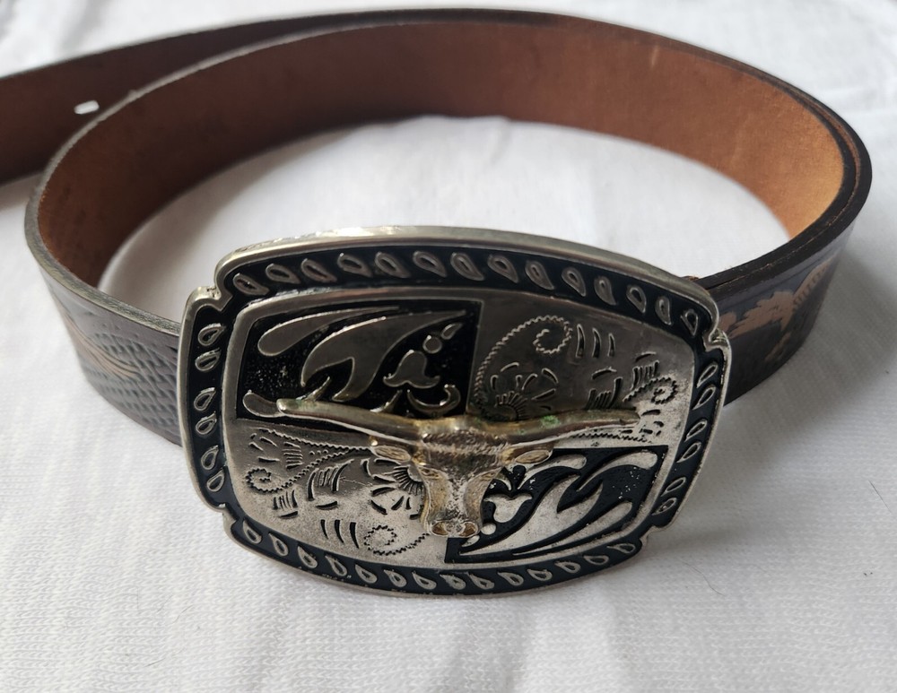 Wrangler vintage American leather longhorn belt Buckle western cowbow size 40