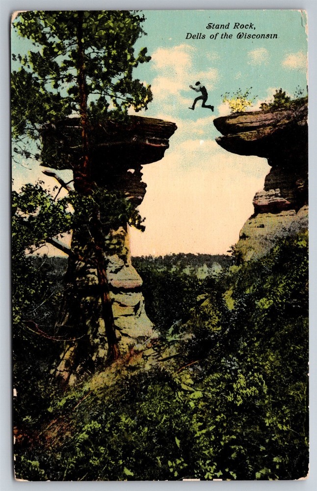 Stand Rock Man Leaping Dells Of The Wisconsin WI C1910's Postcard U24