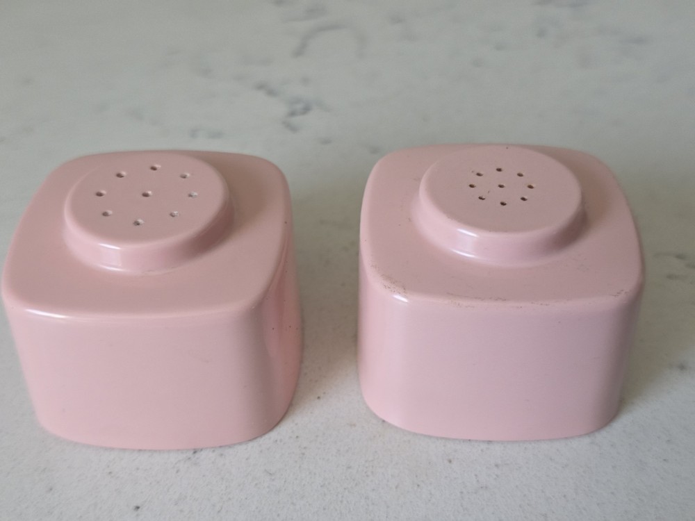 Vintage 1960s MCM Brookpark Salt Pepper Shakers Set Pink Melamine Melmac EUC