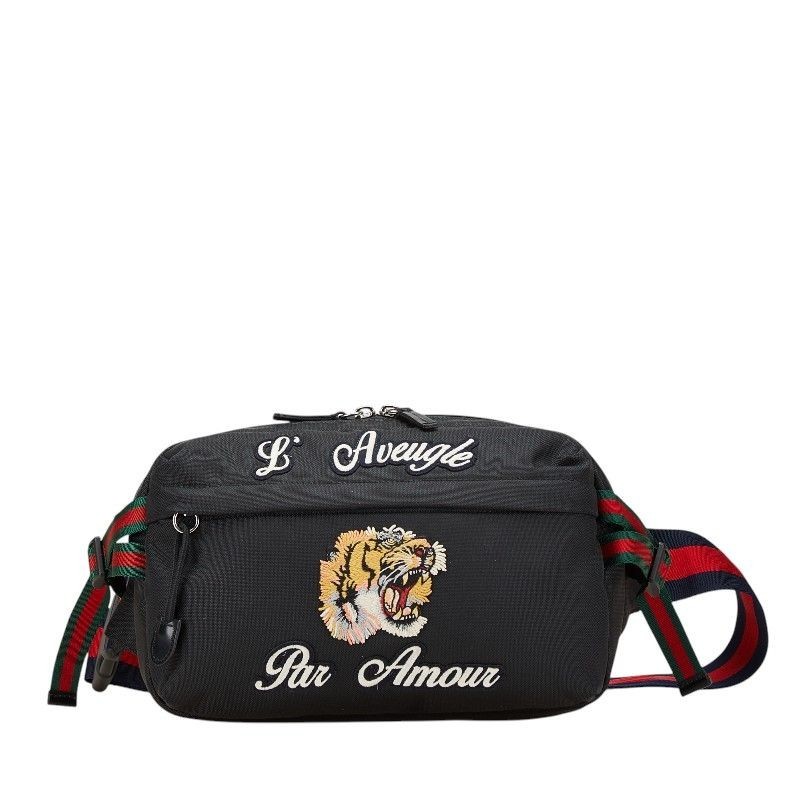 Gucci Shelly Tiger Embroidery Canvas Leather Waist Bag Black Japan Used
