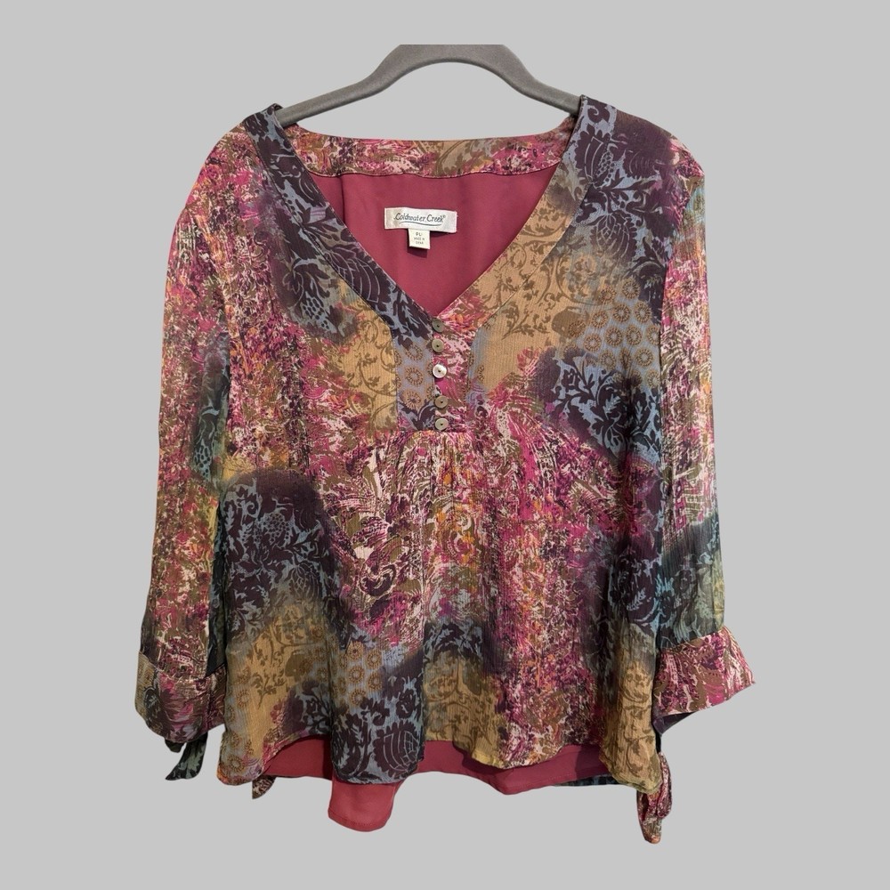 Coldwater Creek Silk Boho Artistic Fairy Whimsical Floral Blouse Top Size PL