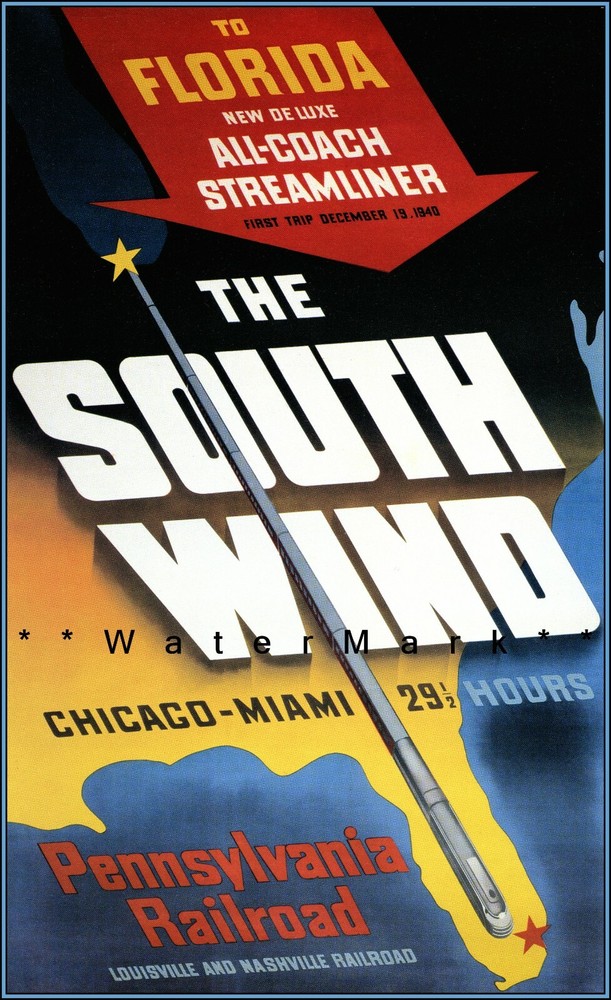 South Wind 1940 Chicago To Florida Pennsylvania Railroad Poster Print Train Art