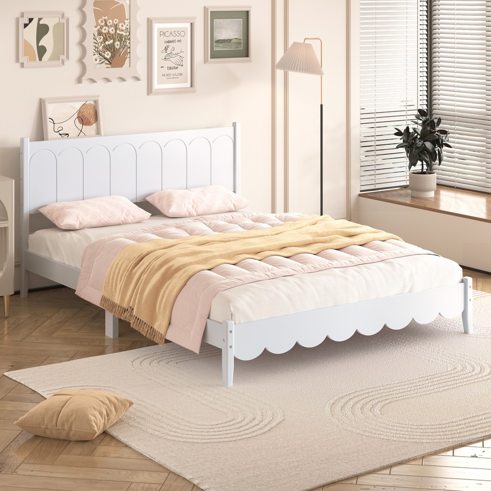 Queen Size Wood Platform Bed Frame, Retro Style  Bed with Rectangular Headboard,