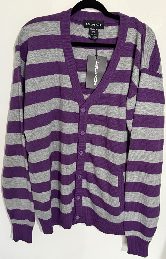 Ablanche Pocketed Striped Cardigan Sweater Mens Size 2XL Purple Deadstock NWT