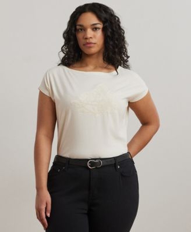 Lauren Ralph Lauren Plus Size Embroidered Jersey T Mascarpone Cream Size 2X