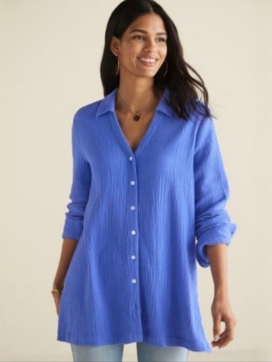 Soft Surroundings Size L Escambia Gauze Long Sleeve Cotton Gauze Tunic Top Beach