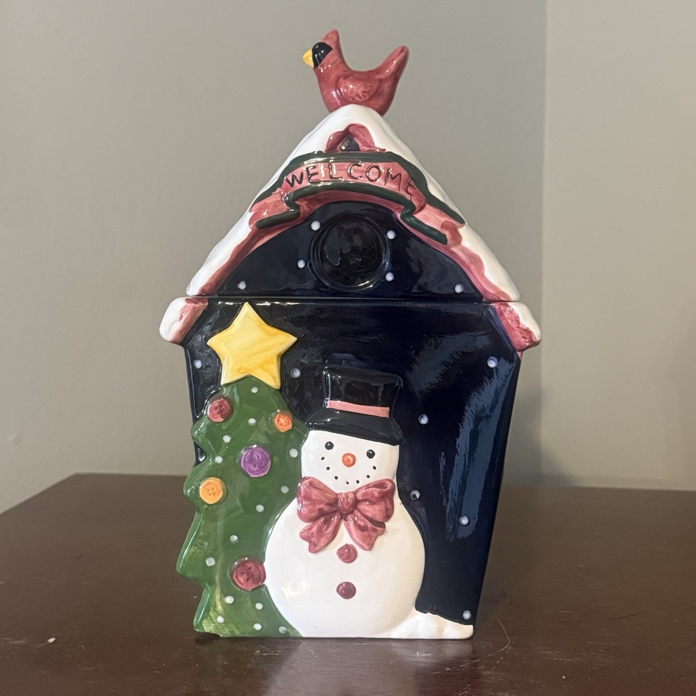 Vintage Ceramic Winter Holiday Birdhouse Cookie Jar Tree Snowman Cardinal