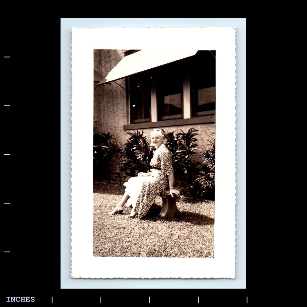 Old Vintage Photo WOMAN SITTING ON BENCH OUTSIDE BUILDING