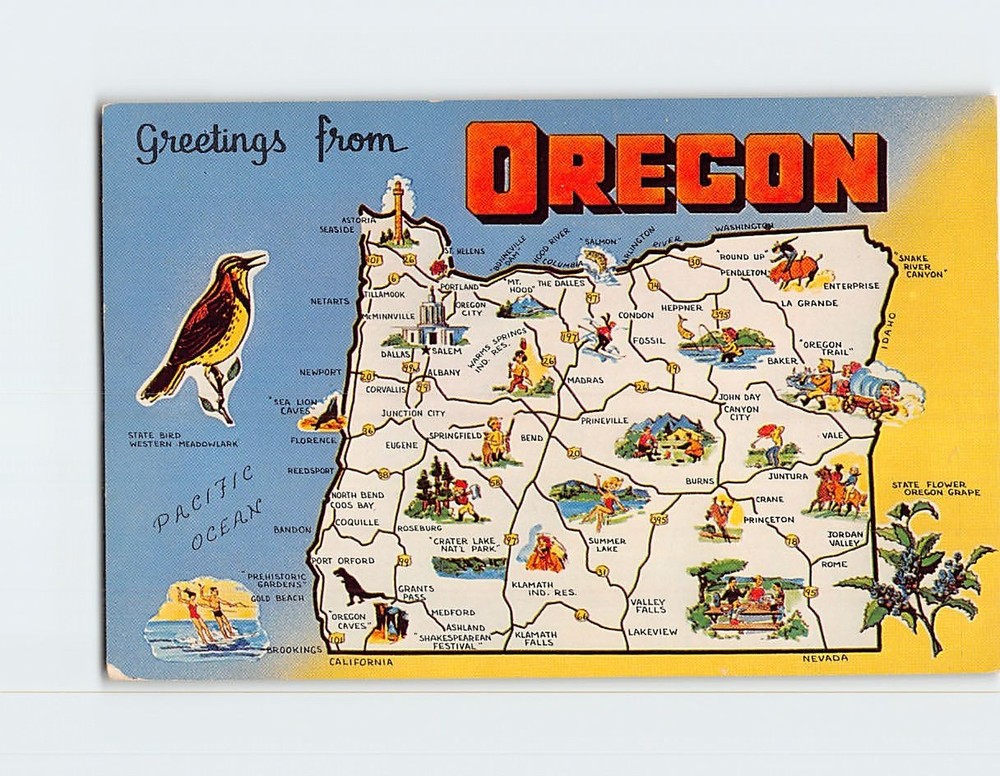 Postcard Map & Attractions Greetings from Oregon USA