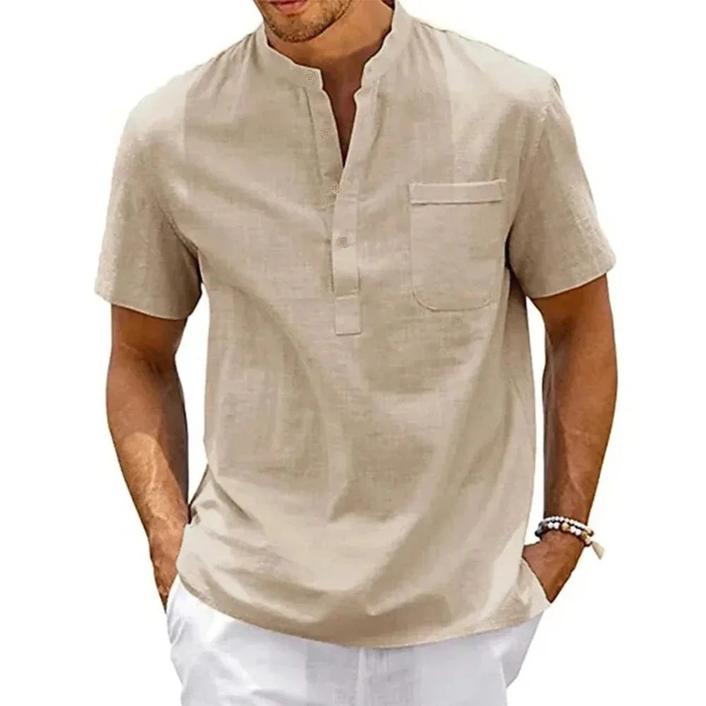Men’s Cotton Linen Henley Shirt Short Sleeve Casual Beach Solid T-Shirt