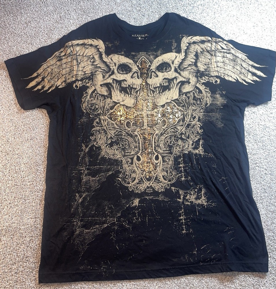 XZAVIER Affliction Style Gothic Grunge Graphic Y2K Black T-Shirt Men’s Size 4XL