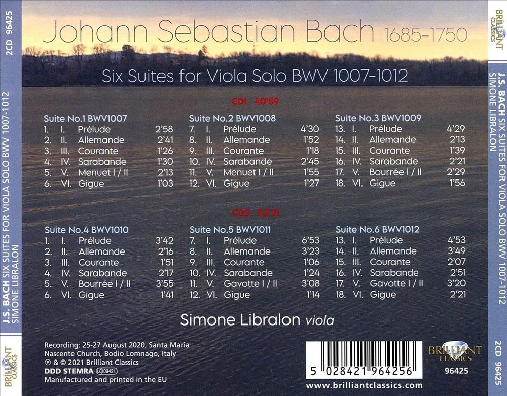 Simone Libralon J.s. Bach: Six Suites For Viola Solo Bwv 1007-1012 New Cd