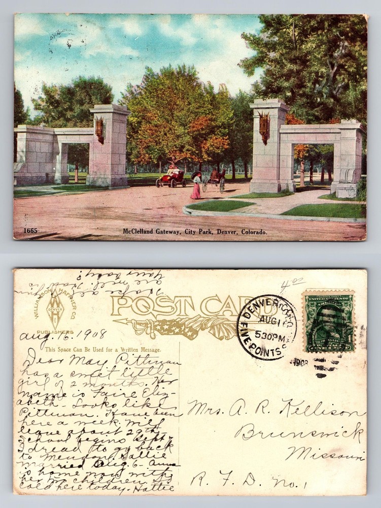 Denver, CO-Colorado McClelland Gateway City Park Entrance Vintage c1908 Postcard