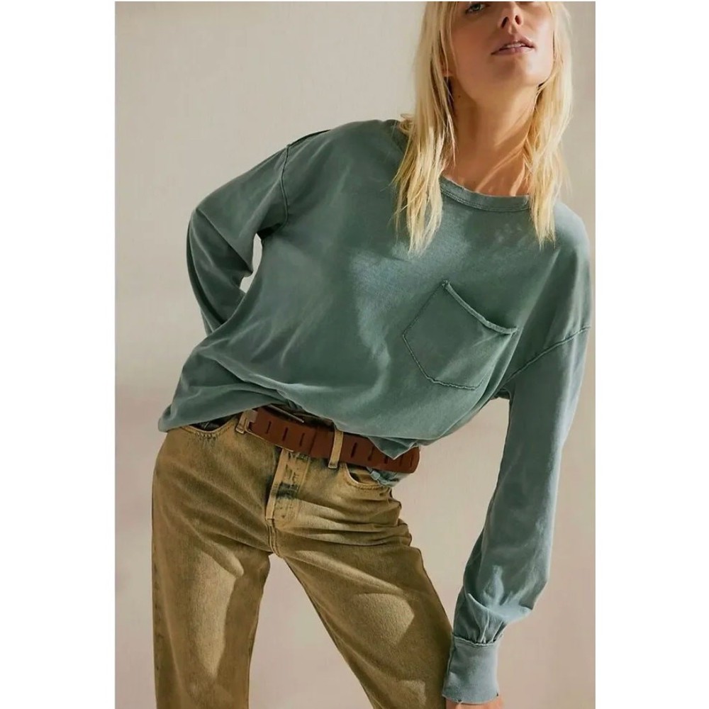 NEW Free People We The Free Fade Into You Long Sleeve Tee Shirt XS Green