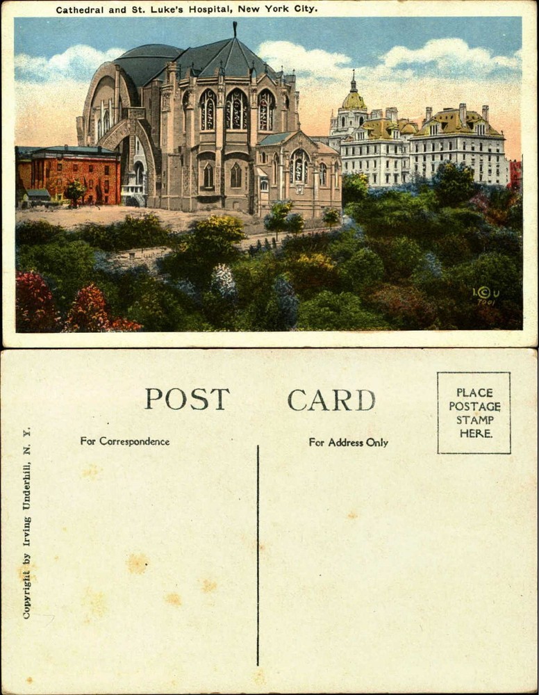 Cathedral and St Luke's Hospital NY New York City ~ unused vintage postcard