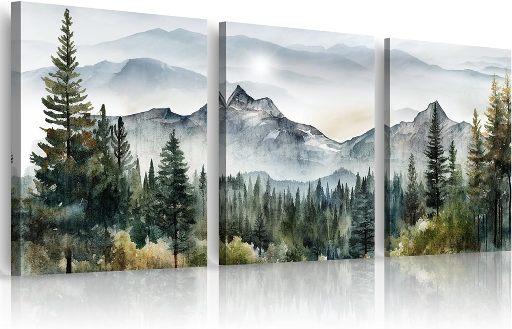 3 Piece Abstract Mountain Forest Canvas Art Ready to Hang for Living Room Decor-image