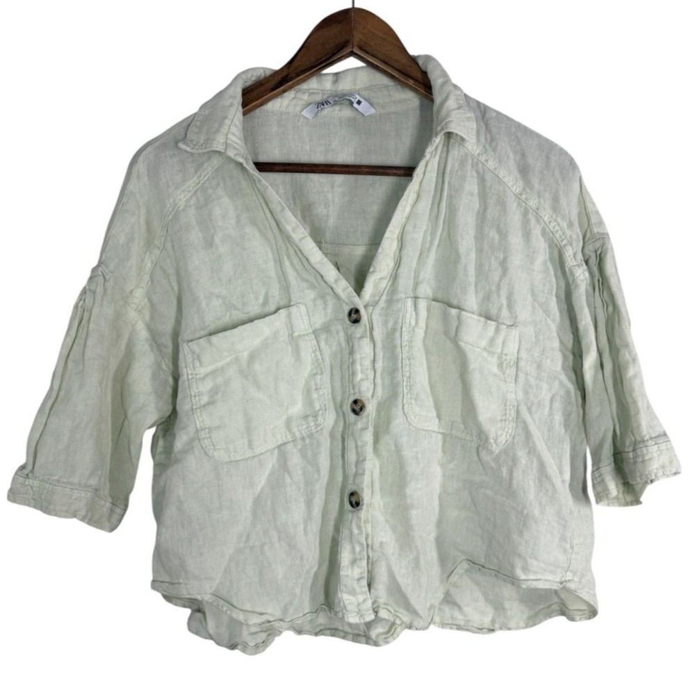 Zara Womens 100% Linen Button Up Top Sz L Cropped Beachy Breathable Cargo