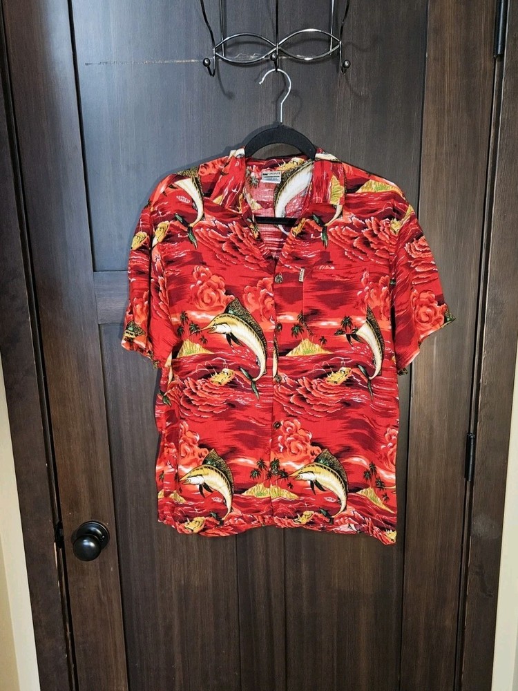 EUC Women's Vintage Swordfish Red Hawaiian Shirt Button Up Top Size Large