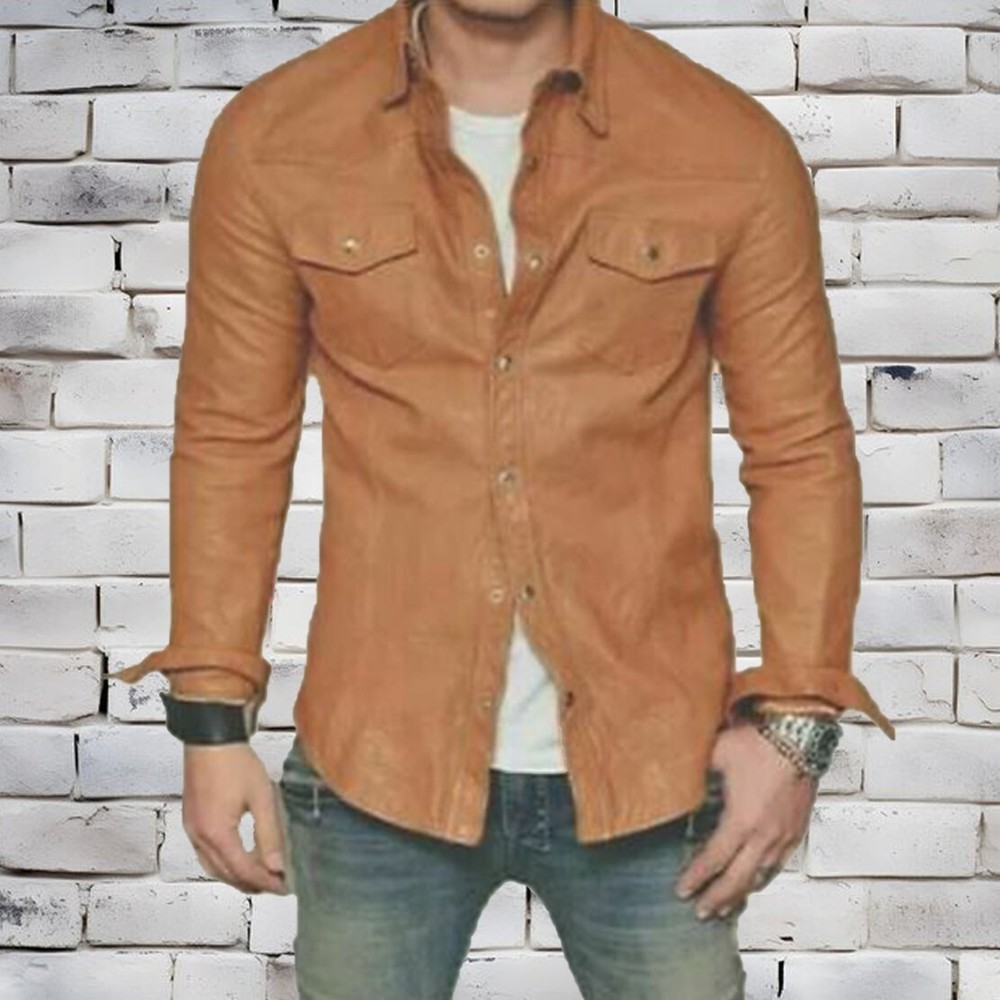 Men Genuine Tan Lambskin Leather Shirt Premium Vintage Collared Button Jacket