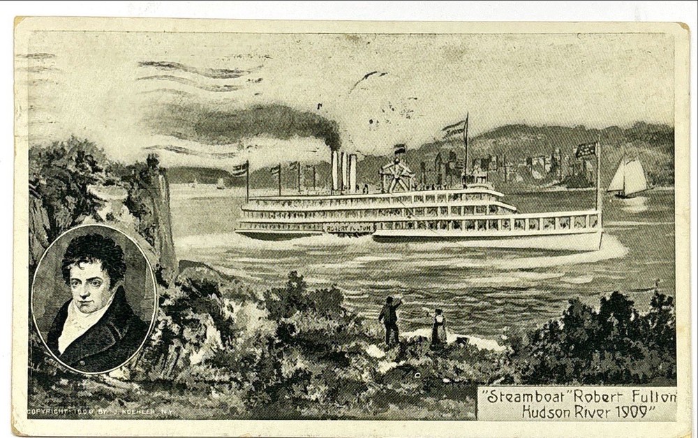 Robert Fulton Steamboat on the Hudson River NY 1909 Antique Postcard